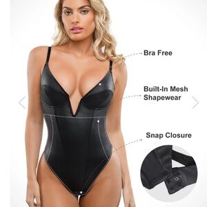 Popilush Black Faux Leather Shapewear Bodysuit Built-In Bra Size S 🖤